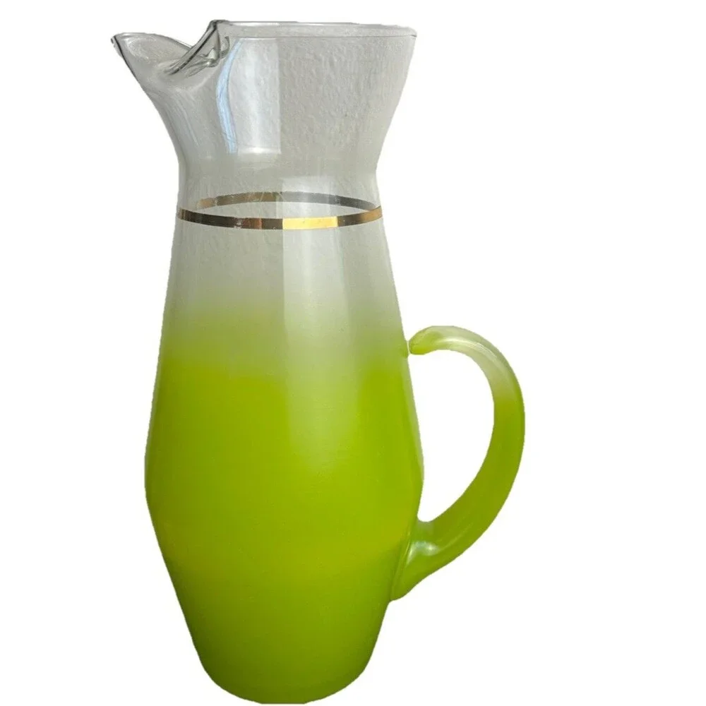Vintage Blendo Lime Green Frosted Glass Pitcher 9